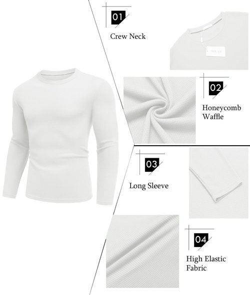 Ekouaer Men's Long Sleeve Shirts Honeycomb Waffle Pullover Sweater Crewneck Thermal Tops Lightweight Undershirts White L