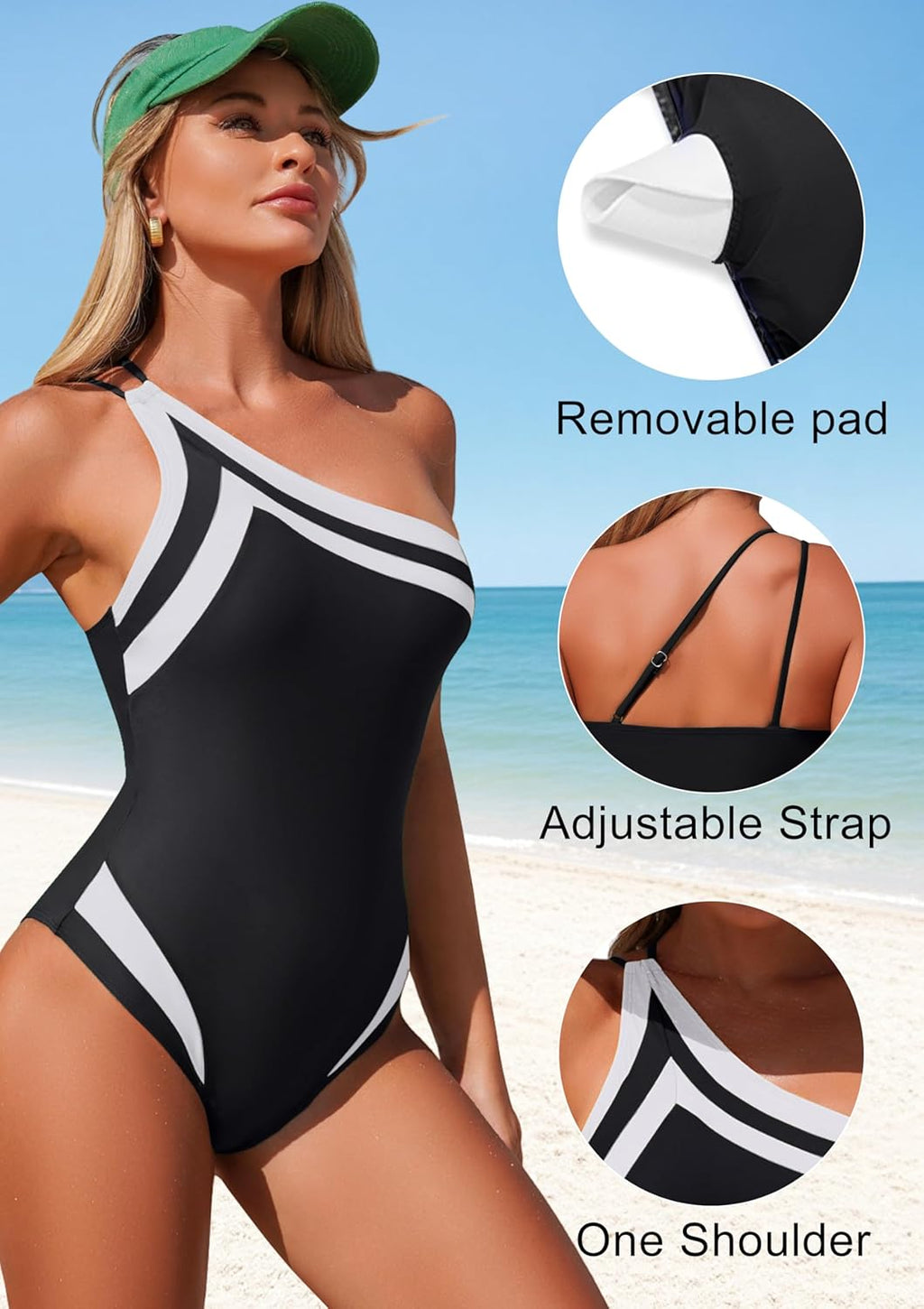 Skiennix Women's One-Piece Swimsuit - Flattering One Shoulder Design with Tummy Control | Color Block Slimming Style
