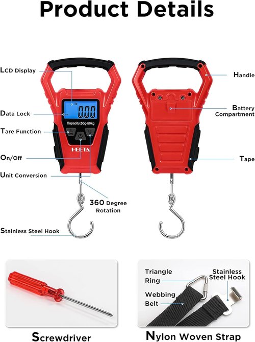 HEETA Waterproof Fish Scale - Digital LCD Display, 110lb Capacity, Portable Fishing Scale with Tape & Batteries Included