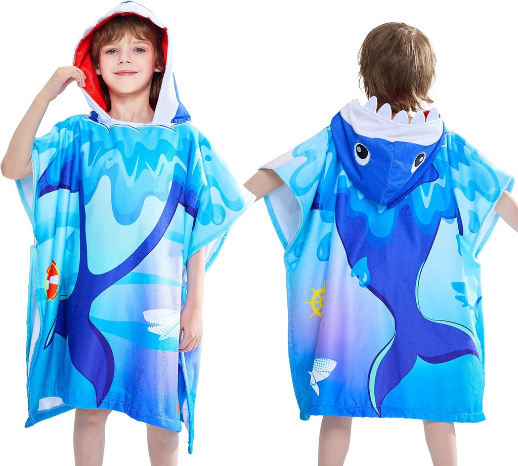 WERNNSAI Shark Kids Beach Towel - Hooded Towel Wrap 27"" x 27"" Kids Hooded Poncho Sand Free Beach Towel for Girls Bath Pool Quick Dry Soft Kids Bath Towel for Travel Shower Swim, Large