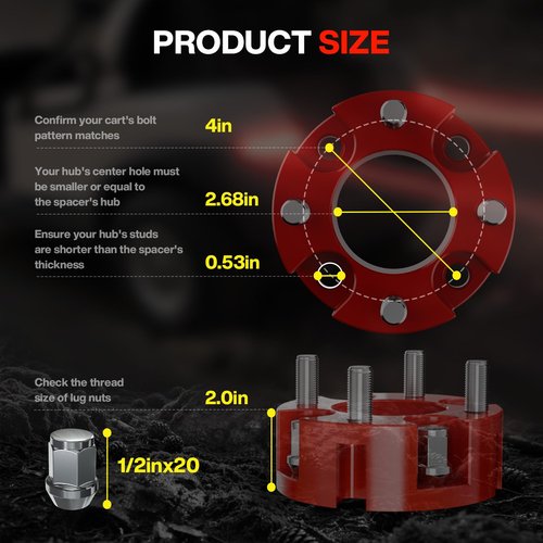 2 Inch Golf Cart Wheel Spacers Kit, 4x4 Golf Cart Wheel Spacer with Lug Nuts for Club Car EZGO YAMAHA, Wheel Spacers with 1/2"-20 Studs, 2.68''(68mm) Hub Bore, 4''(101.6mm) Bolt Pattern, 4PCS, Red
