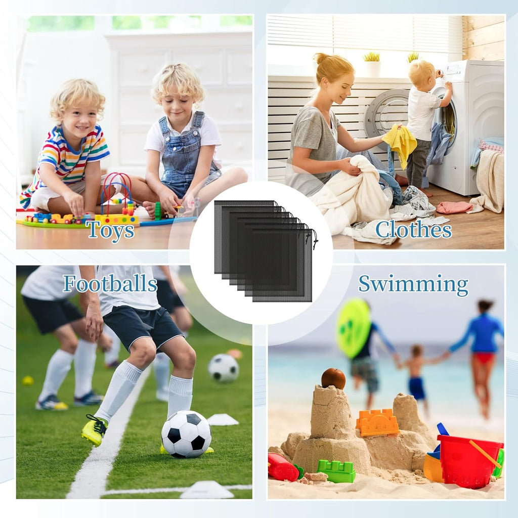 Skiennix 6 Pcs Mesh Drawstring Bags - 14x17 Inch Multipurpose Storage for Gym, Beach & Laundry | Black