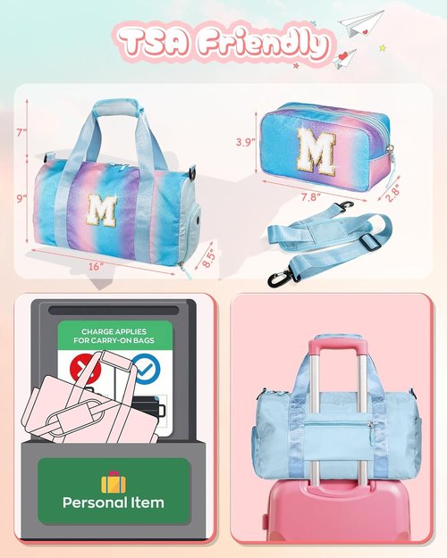 Gifts for 3 4 5 6 7 8 9 10 Year Old Girls-Girl Gym Bag with Shoe Compartment, Kid Personalized Weekender Overnight Bags, Initial Travel Tote with Makeup Pouch, Gift Ideas for Kids (Letter M)