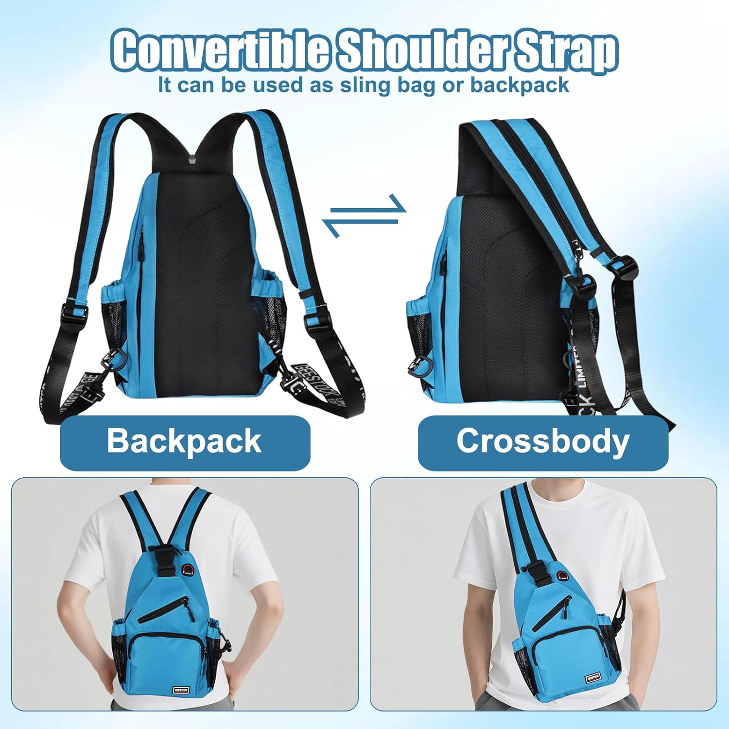 Skiennix Crossbody Backpack - Convertible Sling Bag for Men & Women | Adjustable Strap, 13-Inch, Blue
