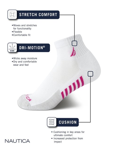 Nautica Womens Quarter Socks - 6 Pack Cushioned Moisture Wicking Athletic Socks for Women for Gym, Running, Sports (4-10), Size 4-10, All Black