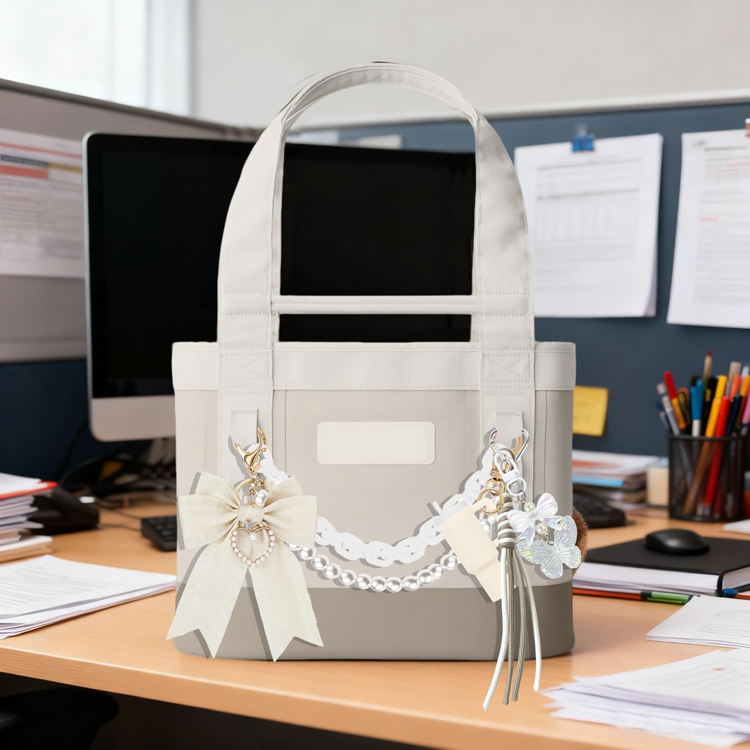 YPINGABS Tote Bag Accessory Set - Enhance Your YETI Camino 20/35/50 & Bogg Bags with Pearl Bow Pendant, Acrylic Chain, Mini Tumbler Keychain & Butterfly Beaded Charms (White)