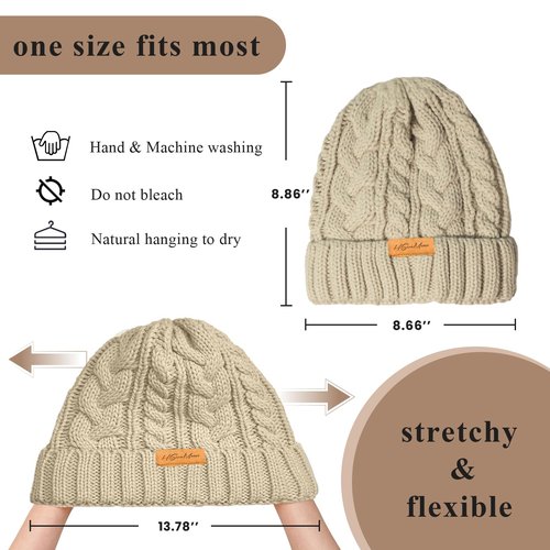 H.SeraMoose Winter Hats for Women Cable Knit Chunky Skull Cap Fleece Lined Thick Fold Cuff Beanie hat (Wheat Spike,Red)