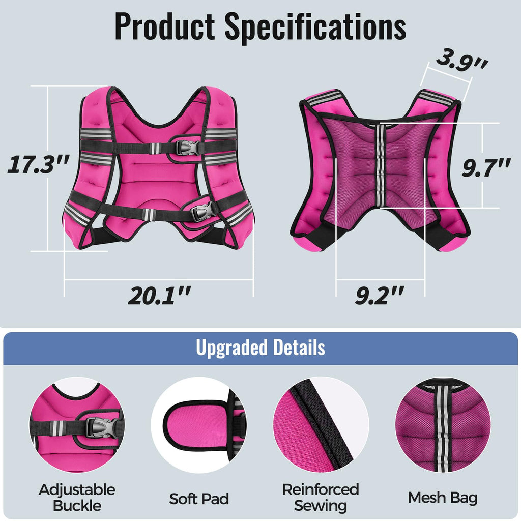 Zeerun Weighted Vest, 6lb/8lb/10lb/12lb/15lb/18lb/20lb/24lb/30lb for Men Women, Reflective Stripe Adjustable Buckle, Comfortable Durable Rucking Vest for Walking Running Strength Training, 24LBS-Pink