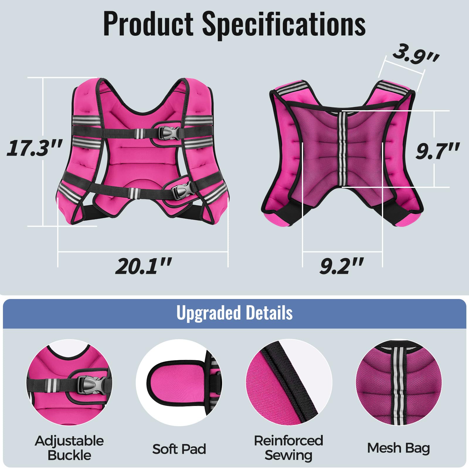 Zeerun Weighted Vest, 6lb/8lb/10lb/12lb/15lb/18lb/20lb/24lb/30lb for Men Women, Reflective Stripe Adjustable Buckle, Comfortable Durable Rucking Vest for Walking Running Strength Training, 24LBS-Pink