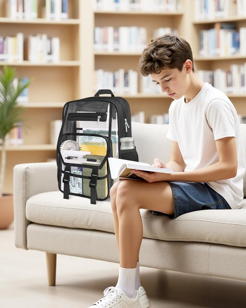 Soimeat Clear Backpack Heavy Duty, Fabric & PVC Transparent Bookbag, See Through Backpacks with Reinforced Strap for Women Men, Large Capacity Clear Backpack for College, Travel, Security, Black