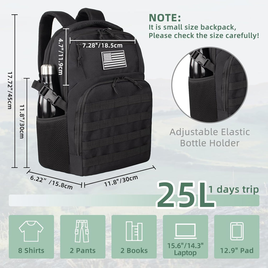 TBNBO Tactical Backpack - 25L Military-Grade Travel Bag with Dual Bottle Holders - Black