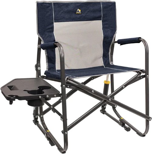 GCI Outdoor Freestyle Rocker Camping Chair - Portable Folding Design with Side Table & Comfortable Backrest - Heathered Indigo