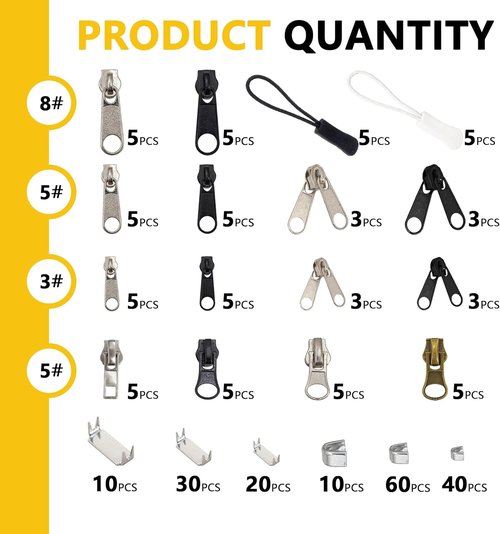 252Pcs Zipper Repair Kit Replacement Zippers Sliders Universal Zippers Fix Repair with Pulls and Pliers for Clothes Backpack Boot Tent DIY #3#5#8 Sizes
