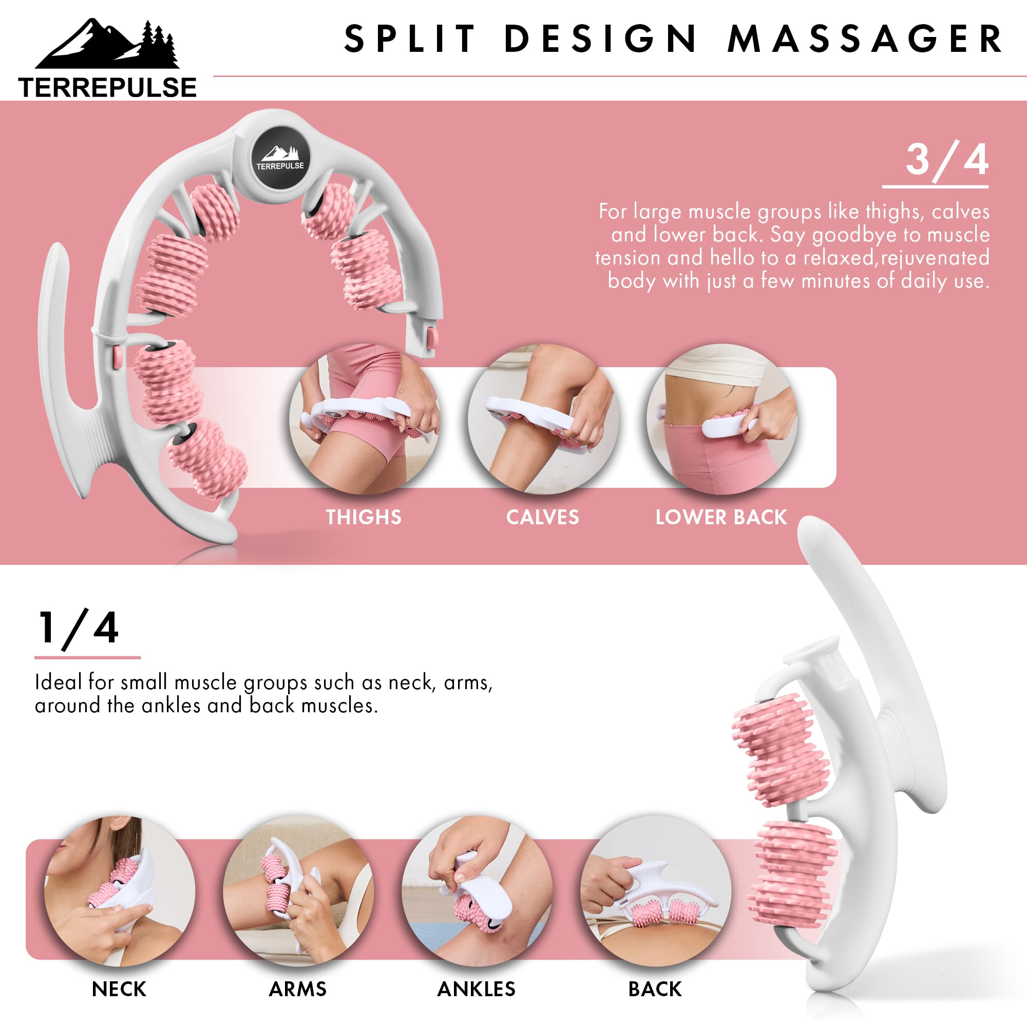 Terrepulse Anti Cellulite Roller & Lymphatic Drainage Massager | Deep Tissue Fascia Blaster & Muscle Roller | Tool for Sore Arms, Legs, Shoulders, Stomach & Buttocks (Pink)
