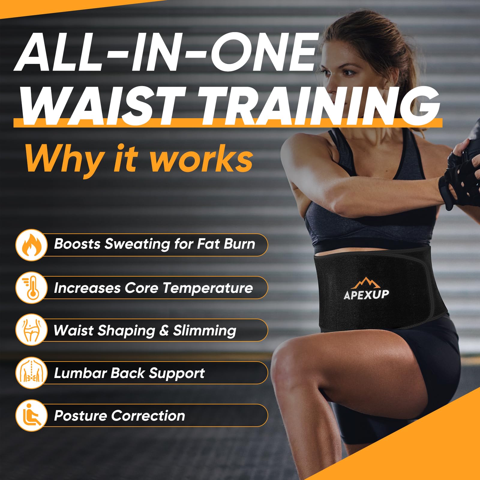 APEXUP Sweat Waist Trainer for Women and Men, Neoprene Waist Trimmer Belt Slimming Sweat Band with Removable Lumbar Support Bar for Workouts (Black, L)