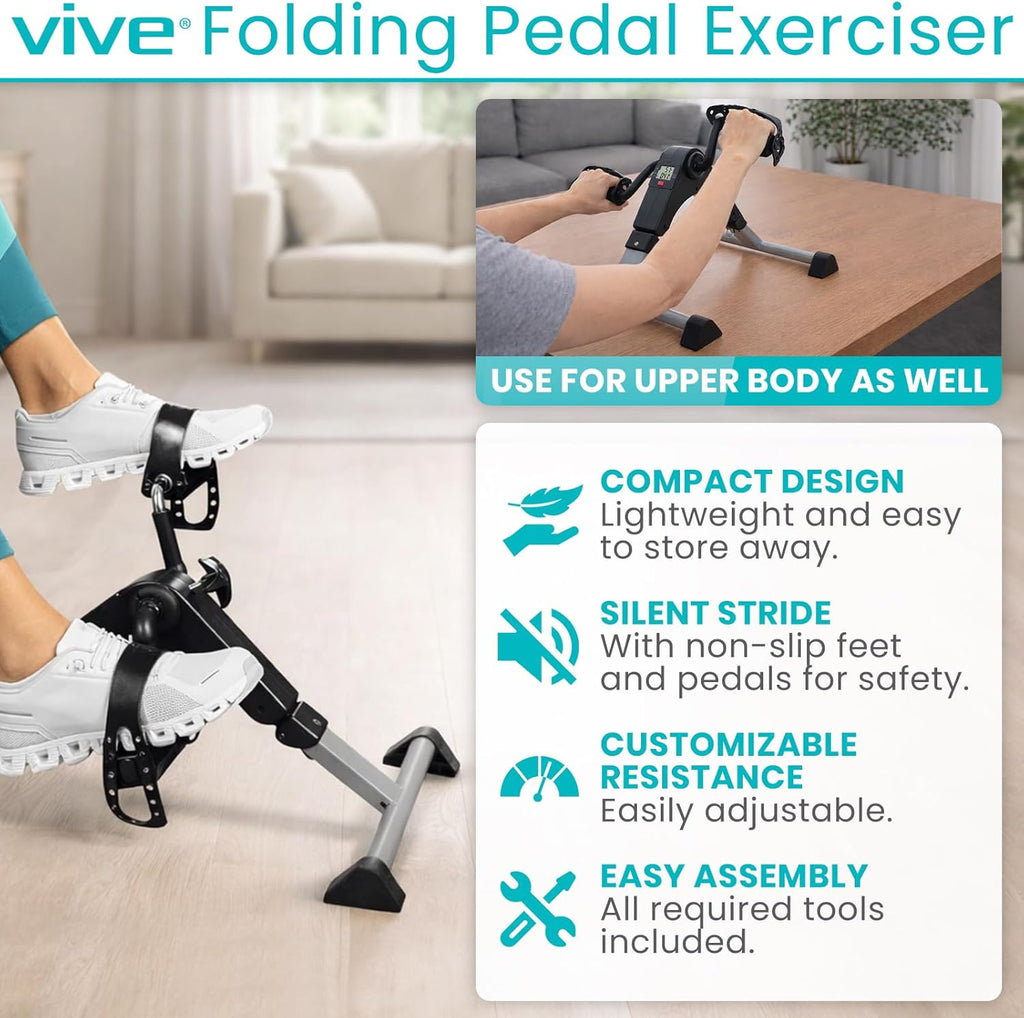 Vive Folding Pedal Exerciser - Under Desk Exercise Bike for Seniors | Mini Stationary Peddler with LCD Display