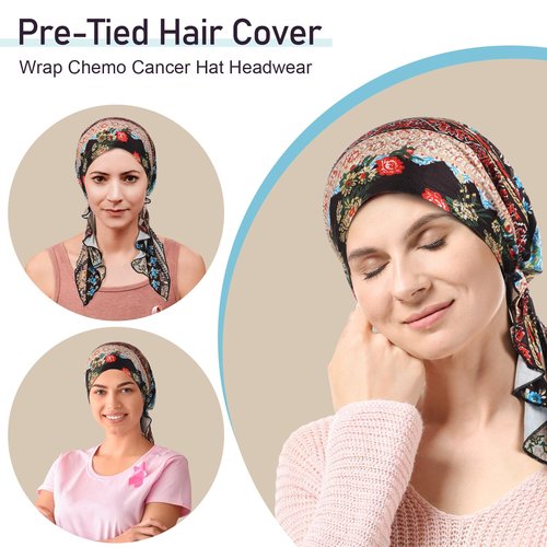 Halfchet 4 Pcs Chemo Headwear for Women Pre Tied Cancer Caps Cotton Head Scarf Turbans for Women Patients Gifts(Vintage Pattern)