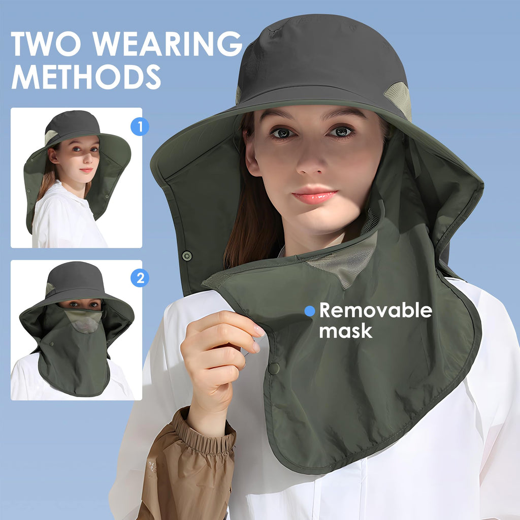 Outdoor Sun Hat Detachable Neck Face Flap UPF 50+UV Protection Visor Fishing Hats with Neck Flap for Men & Women Dark Grey