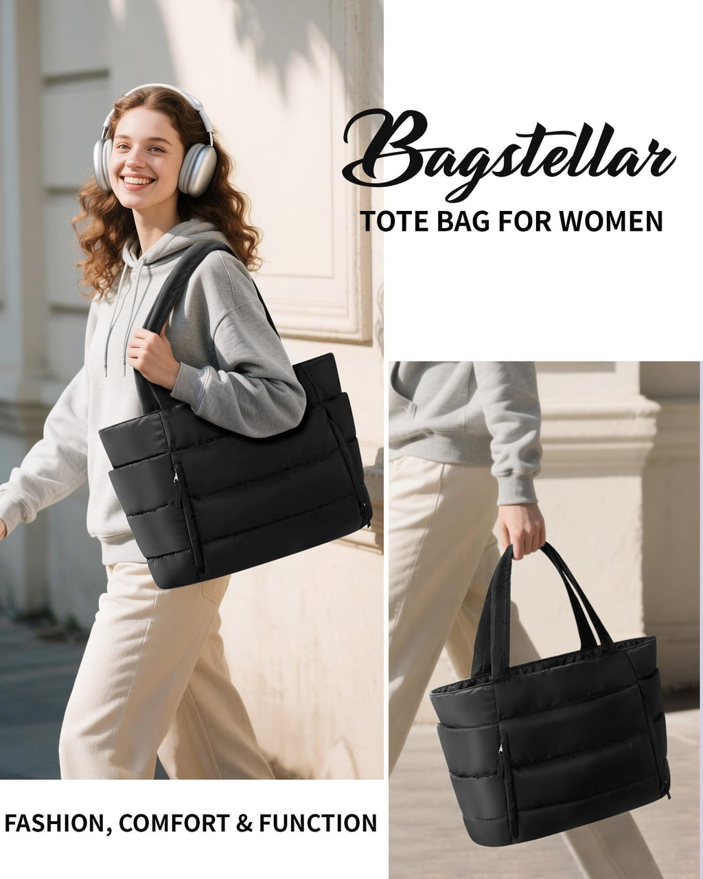 Bagstellar Puffer Tote Bag for Women, Lightweight Puffy Work Handbag Teacher Nurse Quilted Shoulder Bag for School Travel Gym