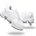 Double-Row Deform Wheel Automatic Walking Shoes Invisible Deformation Roller Skate 2 in 1 Removable Pulley Skates Skating Parkour (White Silver, US8.5)