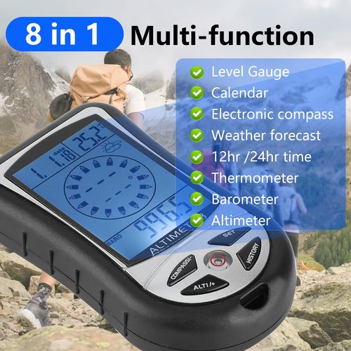 Digital Altimeter, Digital Compass, Hiking Thermometer, Timer & Backlight, 8 in 1 Hand-Hold Barometer for Mountaineering Outside 2300 to 29500FT 1100MBAR, 300mbar to 1100mbar