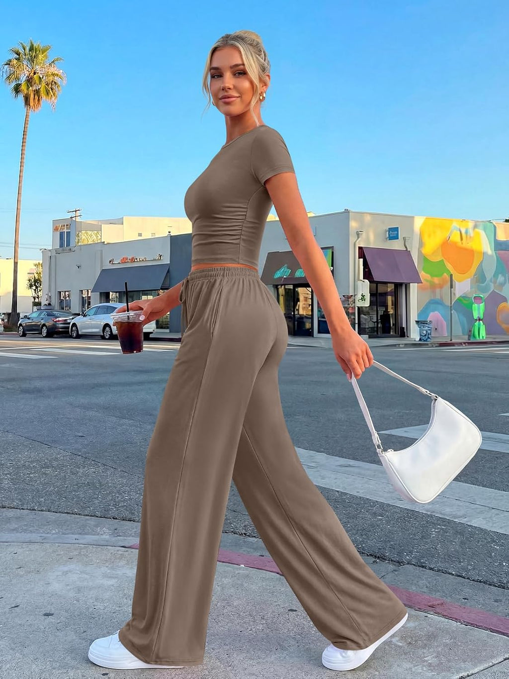 Trendy Queen 2 Piece Summer Sweatsuit Set - Women's Side Ruching Top & Wide Leg Pants with Pockets