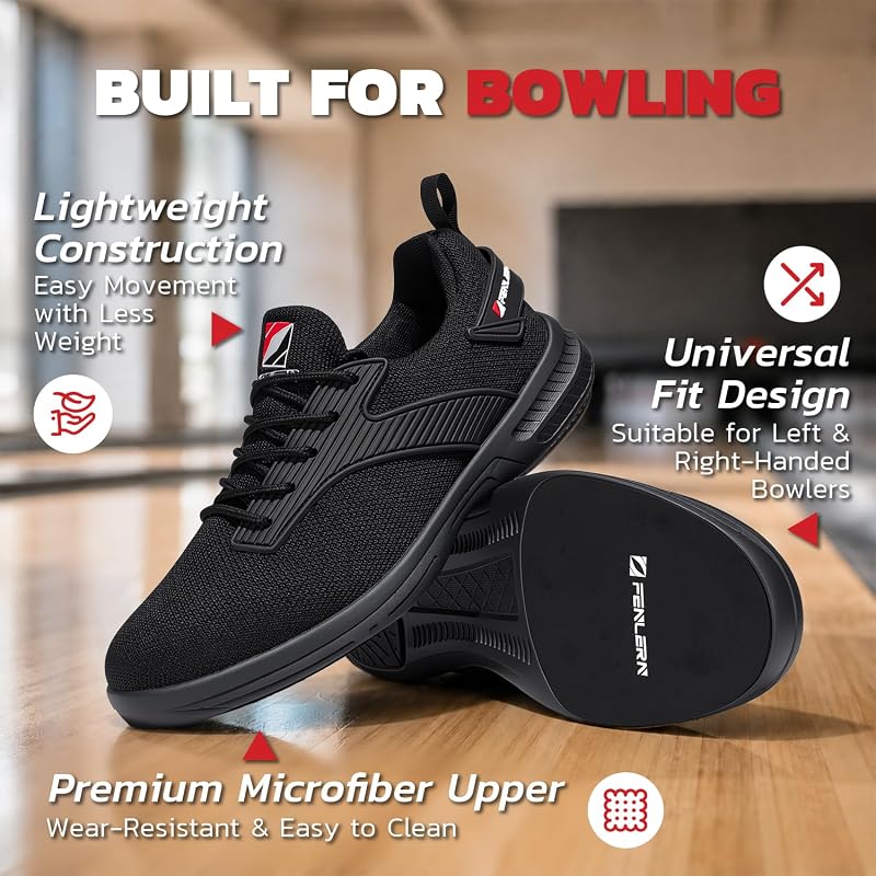FENLERN Men’s Bowling Shoes with Universal Sliding Sole – Onyx Black, 7.5 Wide
