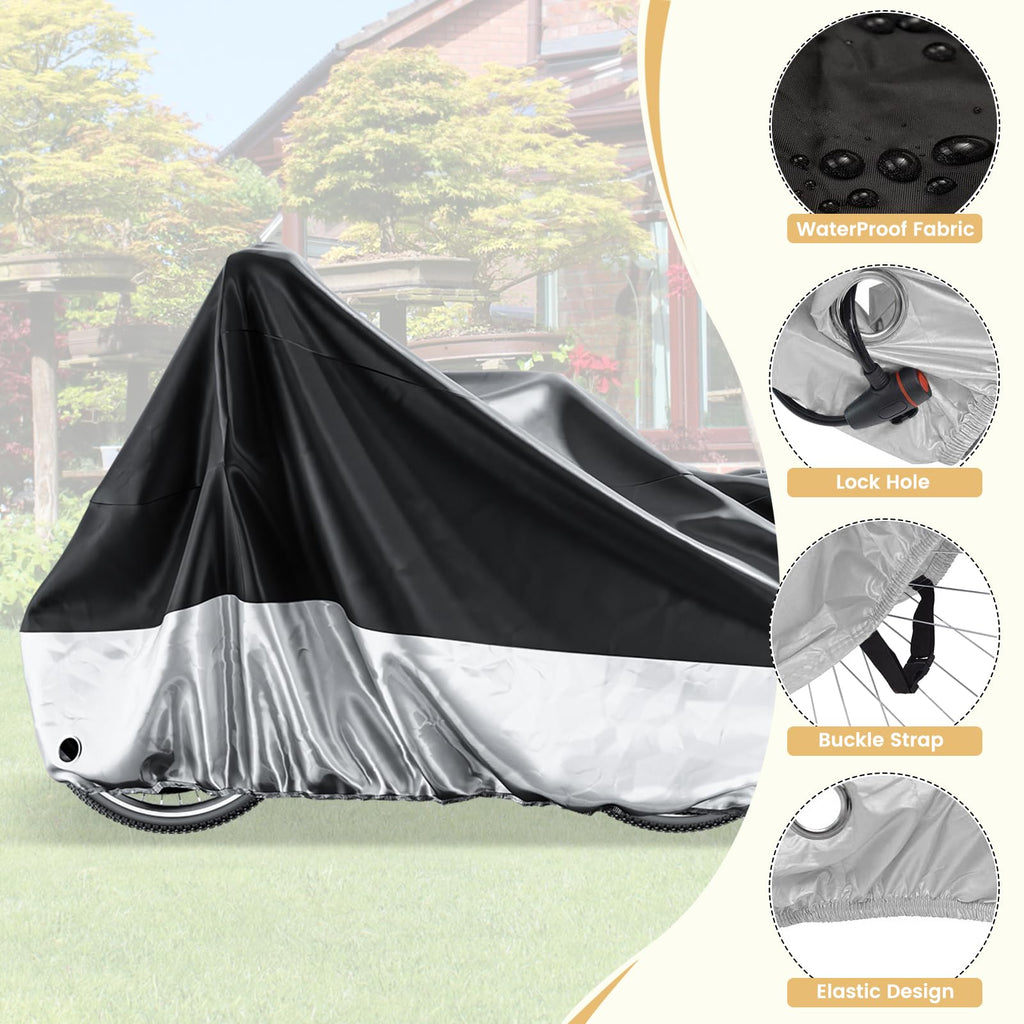 Waterproof Bike Cover for Tricycle & Bicycle, Outdoor Storage Cover with UV Protection, Lock Hole, Elastic Hem, Buckle Strap & Storage Bag, Fits Adult Trikes and Large Bikes
