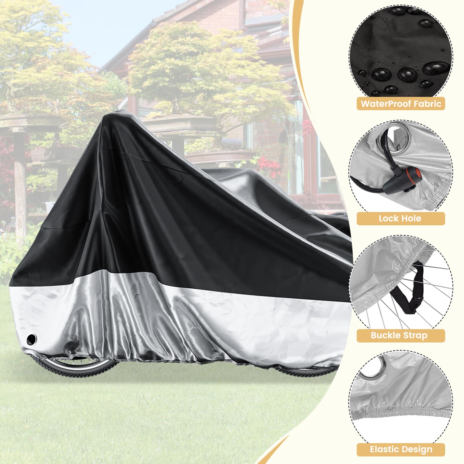 Waterproof Bike Cover for Tricycle & Bicycle, Outdoor Storage Cover with UV Protection, Lock Hole, Elastic Hem, Buckle Strap & Storage Bag, Fits Adult Trikes and Large Bikes
