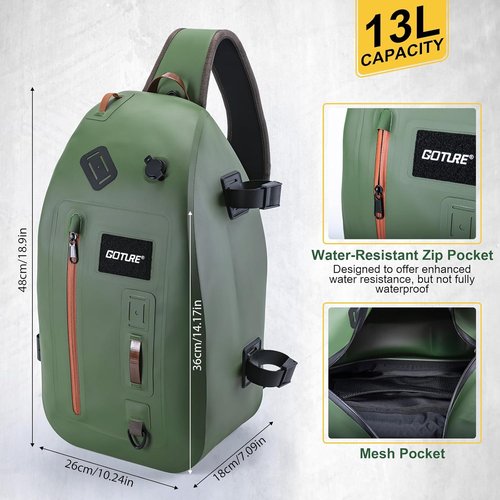 Goture Waterproof Fly Fishing Sling Pack - 13L Tackle Backpack with Rod Holder & Airtight Zipper