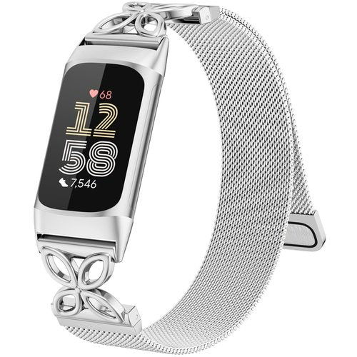 GEAK Floral-Shape Design Bands Compatible with Fitbit Charge 6/Charge 5 Bands for Wmen Men, Adjustable Metal Mesh Milanese Loop Strap Replacement for Fitbit Charge 6/Charge 5 Fitness Trackers
