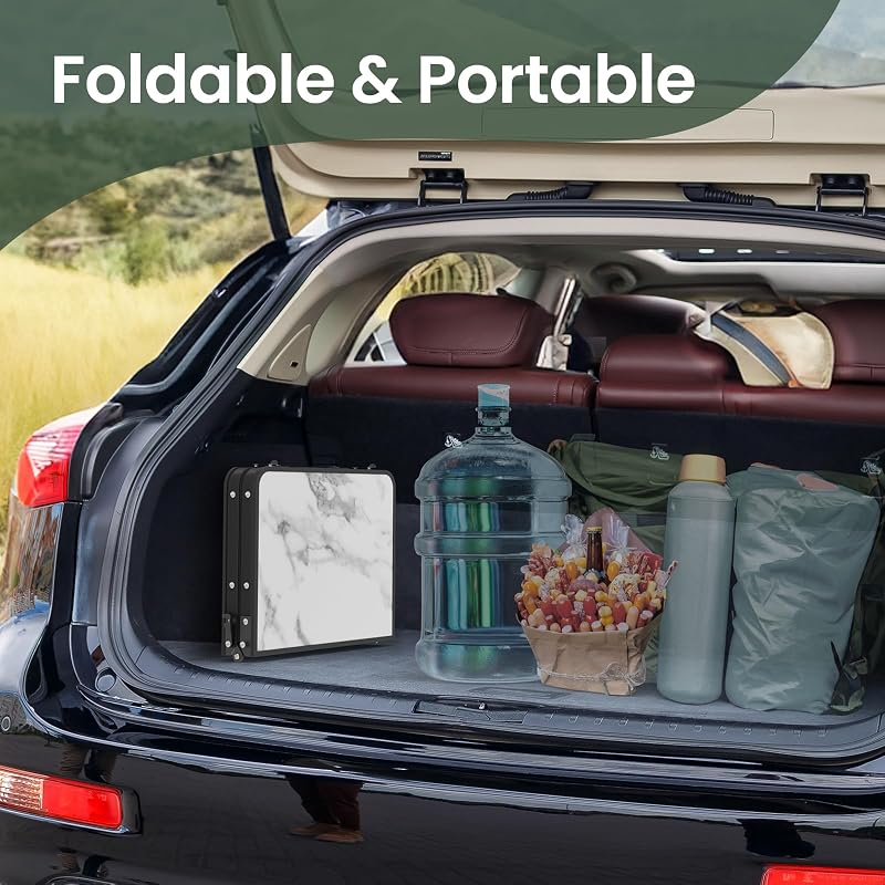 Titanker Small Folding Camping Table 2ft with Side Racks and Net (White Marble & Storage Net) – Portable Beach/Car Picnic Table