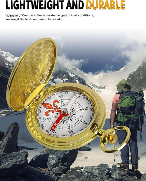 Gold Antique Brass Compass Key Chain - Waterproof Pocket Compass for Kids, The Perfect Survival Tool and Gift for Boy Scouts with Retro Gold Compass Design 2-Piece Set