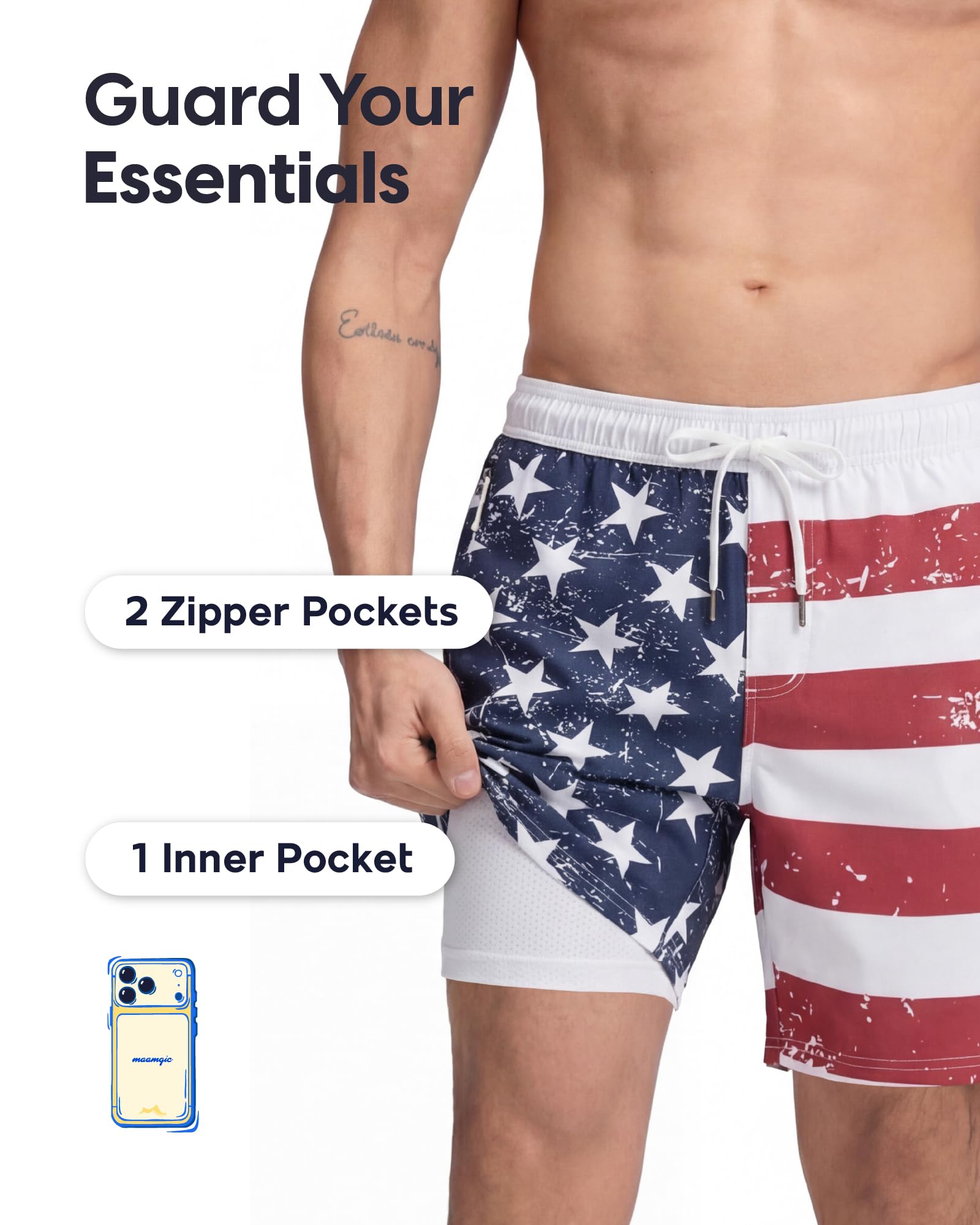 maamgic Mens Swim Trunks 9" with Zipper Pockets, Quick Dry Board Shorts, 4-Way Stretch Compression Lined Bathing Suits