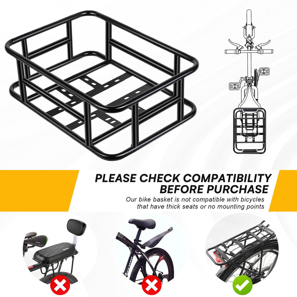 PIREKZUNT Bike Basket, 18"X13"X6" Ebike Rear Basket with Liner,Waterproof Cover,Cargo Net Large Rear Removable Metal Bike Basket, Heavy Duty E Bike Rear Basket