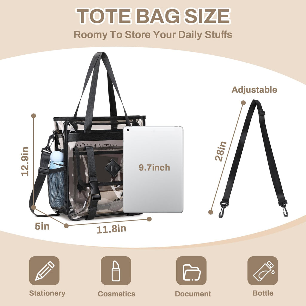 MUSEVOS Clear Tote Bag Clear Bag for Stadium Events, Thickened Water Resistant Heavy Duty PVC, 12x6x12 Stadium Approved for Work, Sports Games,Concert, Semi-Black