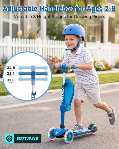 Gotrax KS3 Kids Kick Scooter - LED Lighted Wheels, Adjustable Handlebars & Removable Seat | Ages 2-8, Up to 110 Lbs