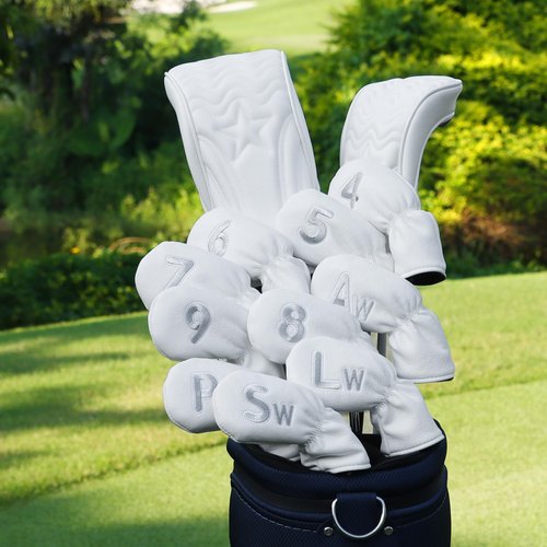 10 Pcs Iron Covers for Golf Clubs, Premium PU Leather Golf Iron Covers with Big Number Design, Fits Most Iron Clubs, Designed for Easy On and Off (White)