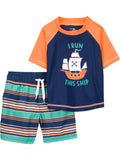 Simple Joys by Carter's Toddler Boys 2-piece Swimsuit Trunk and Rashguard, Orange Blue Ship, 5T