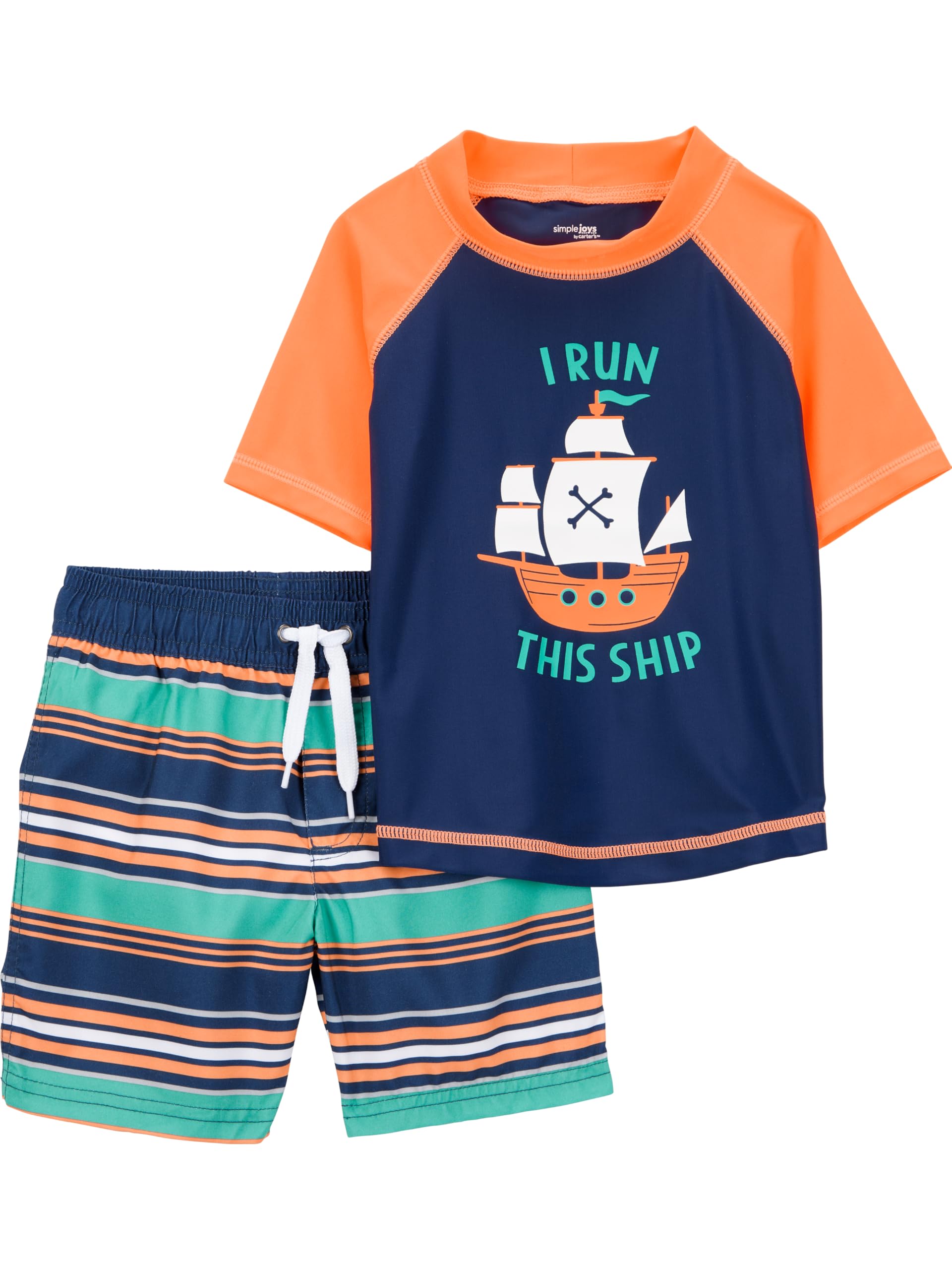 Simple Joys by Carter's Toddler Boys 2-piece Swimsuit Trunk and Rashguard, Orange Blue Ship, 5T