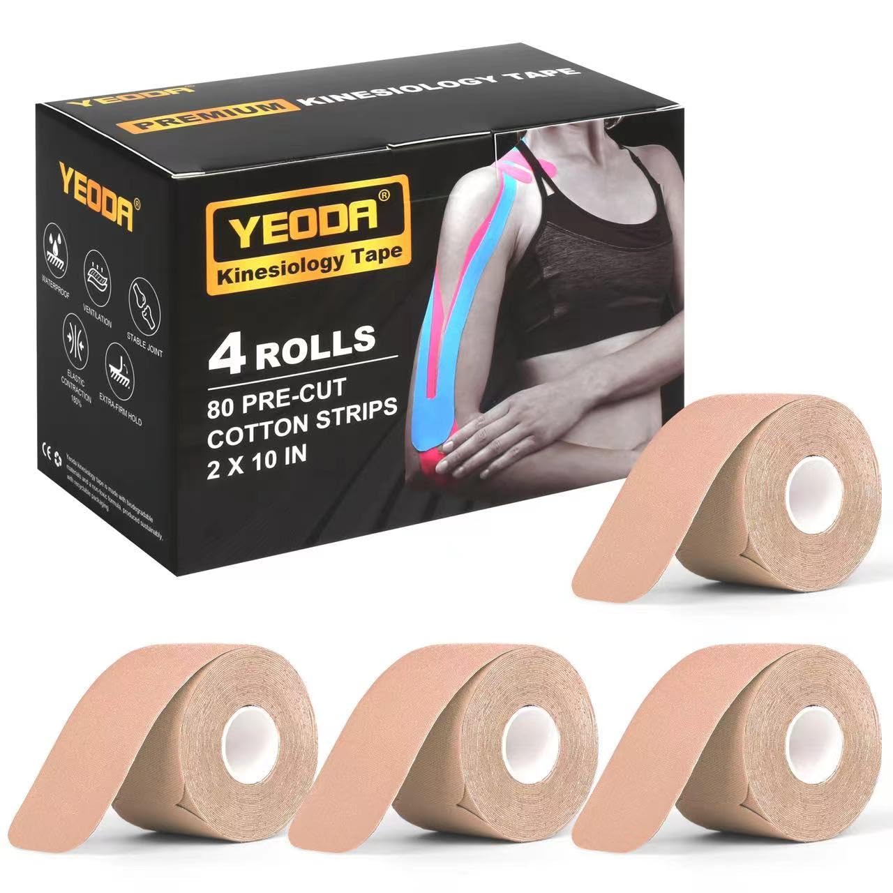 Yeoda Kinesiology Tape,Precut Kinesiology Strips 4 Rolls for Muscle Strain Relief & Joint Support,80 Count, 10” Precut Strips