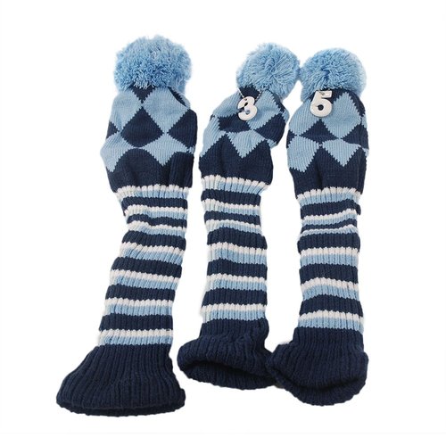HIFROM 3pcs/Set Golf Club Argyle Knit Head Covers Headcovers Vintange Pom Pom Sock Covers 1-3-5 Compatible with Driver & Woods Blue & Dark Blue