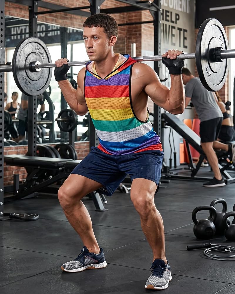 Rainbow X-Large Men’s Sleeveless Hooded Mesh Shirt for Gym & Pride