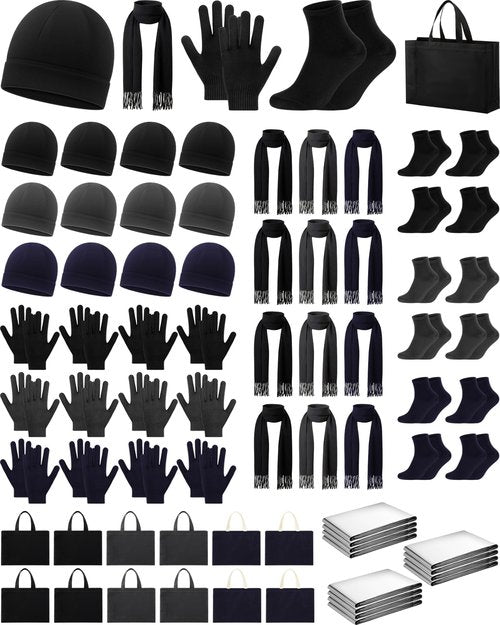 72 Pcs Homeless Care Package Supplies Bulk Winter Beanie Emergency Blankets Sock Gloves Scarf Bag for Unisex Donation