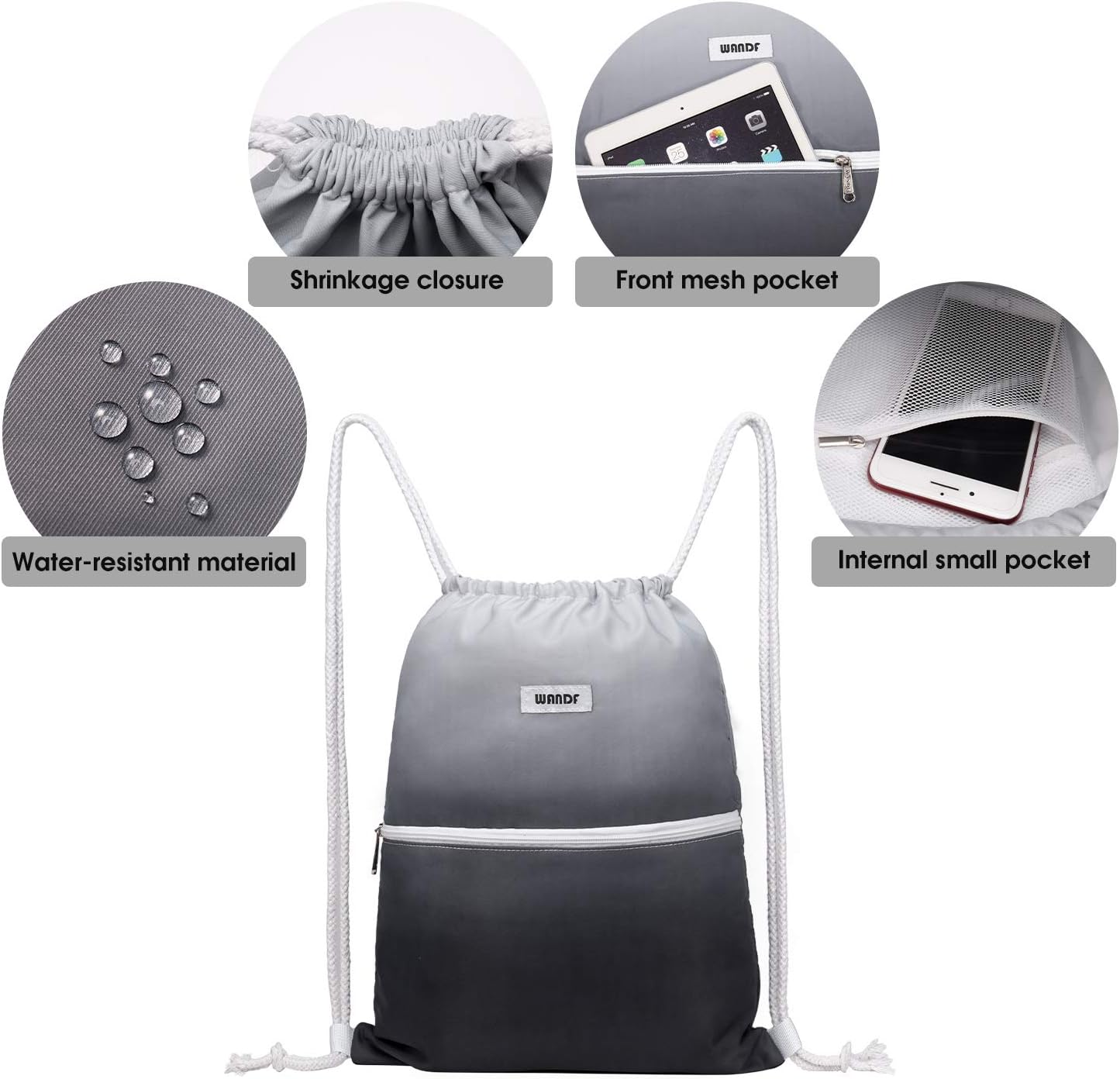 WANDF Drawstring Backpack - Water Resistant Nylon Cinch Bag for Gym, Shopping & Yoga | Grey