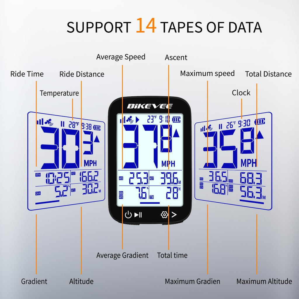 Bikevee GPS Bike Computer Wireless Cycling Computer with Auto Backlight, Waterproof Bicycle Speedometer Odometer for Road Mountain Bikes - Balck