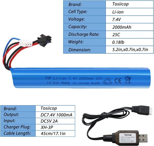 Airsoft Gel Blaster Battery - 7.4V 2000mAh LiPo Rechargeable Battery for SRB400, SRB1200, MP5K, M4