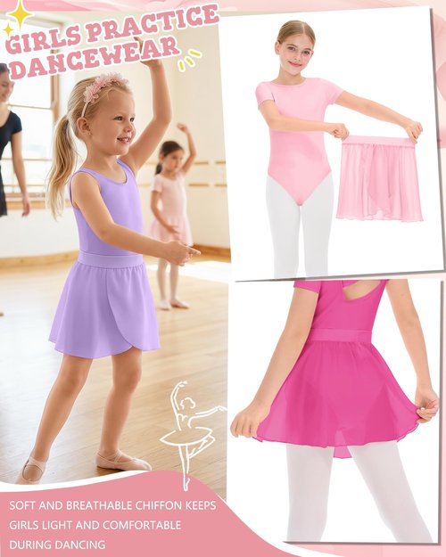 LessonZoo 3 Pack Girls Ballet Skirts for 2-12y Toddler Dance Skirt Ballet Chiffon Skirt with Elastic Waist Practice Dancewear(Light Purple,Rose Red, Light Pink,6-8 Years)