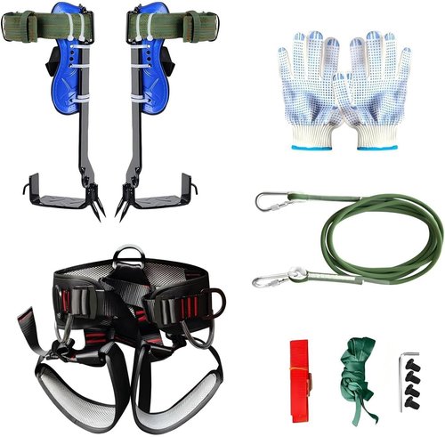 Tree Climbing Gear, Tree Climbing Spikes with Adjustable Leg Straps & Steel Core Flip Line, Triple Lock Lanyard Adjuster, Durable Climbing Spikes for Arborist Work, Fruit Harvesting (Blue)