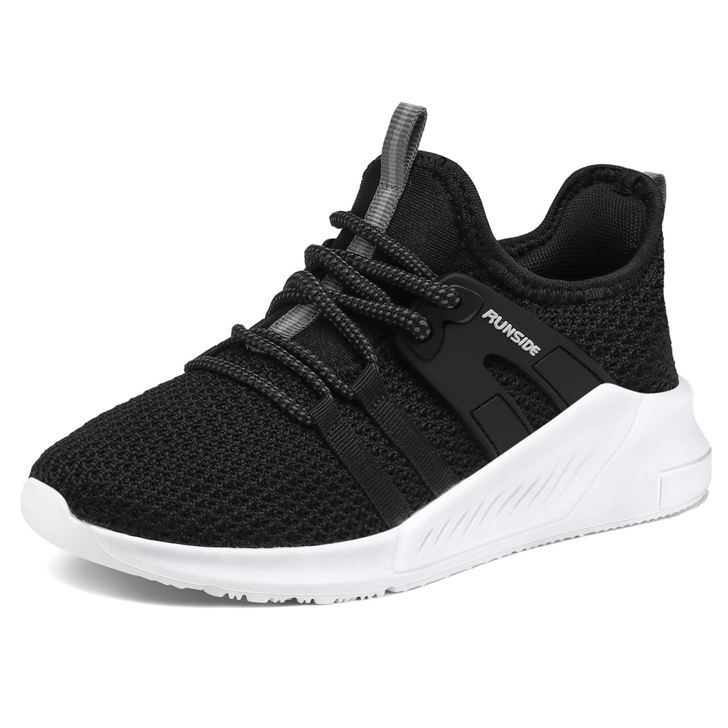 RUNSIDE Boys Girls Tennis Shoes Kids Lightweight Breathable Sneakers Lace-up Running Athletic Shoes for Toddler/Little Kid/Big Kid Black White